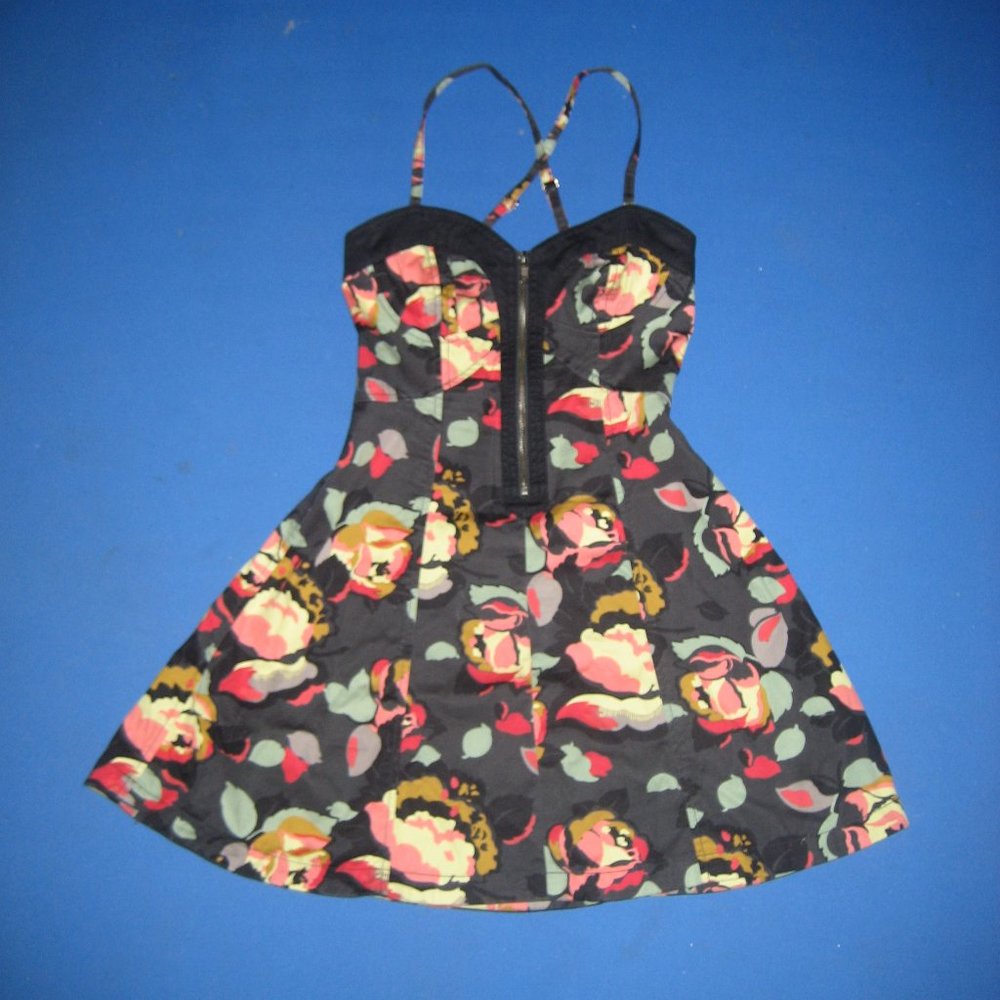 French Connection Navy Floral Print Mini Bustier Dress Flared Skirt Size 0